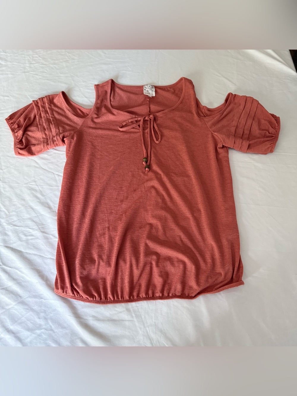 NAIF Rust-Colored Cold-Shoulder Tie-Neck Blouse